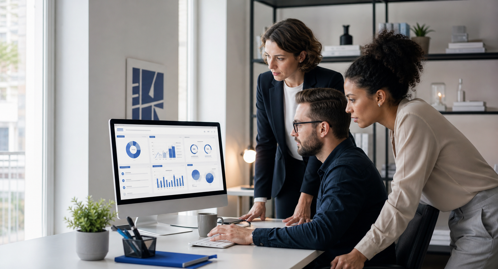 A business team managing professional email accounts together